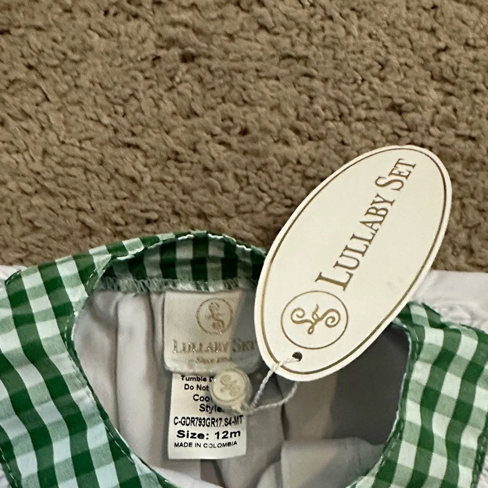 Lullaby Set White and Green Checkered Kids Outfit 12m NWT